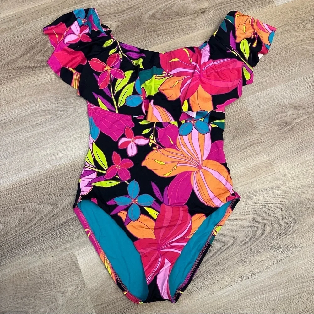 Trina Turk Ruffled Off Shoulder Floral Swimsuit